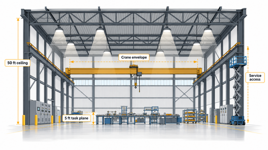 Section illustration of high bay lighting in a 50-foot factory with crane and task planes