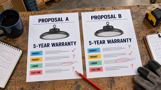 Warehouse buyer comparing coverage details in two LED high bay warranty proposals