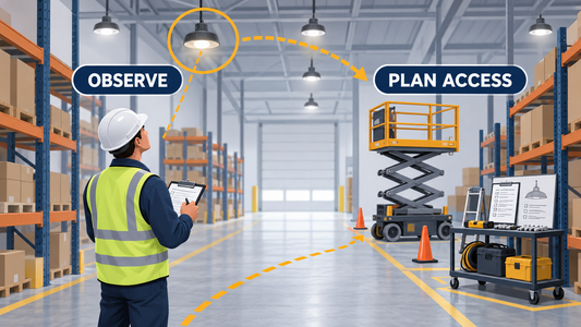 Warehouse high bay maintenance decision from floor observation to planned lift work