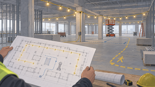 Illustrative construction site walk with temporary lighting route and floor plan