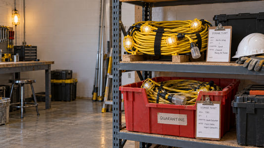 Construction string light bundles separated by storage status in a tool room
