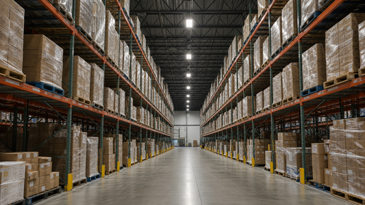 Linear high bay fixtures aligned over a tall warehouse rack aisle