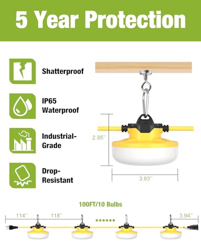 Construction String Lights with Metal Cages, Industrial String Work Lights, Super Bright for Construction Sites Temporary Work Jobsites Outdoor Lighting