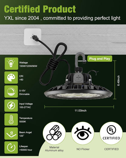 YXL Electronic 200W UFO LED High Bay Lights, 30000LM, 5000K, For Commercial Industrial Workshop Stadium Shop Factory Barn Garage Area Lighting Fixture.