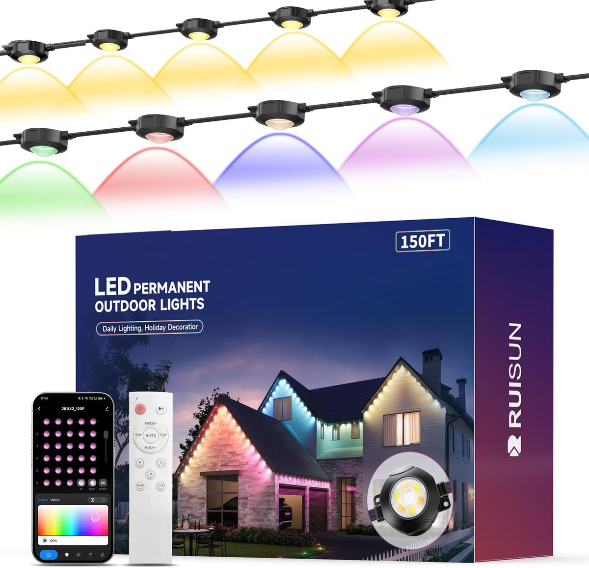LED Permanent Outdoor Lights, RGBCW Eaves Lighting with App Control — Endless Colors: Warm White for Daily Use, Vibrant Holiday Hues & Custom Scenes for Any Occasion