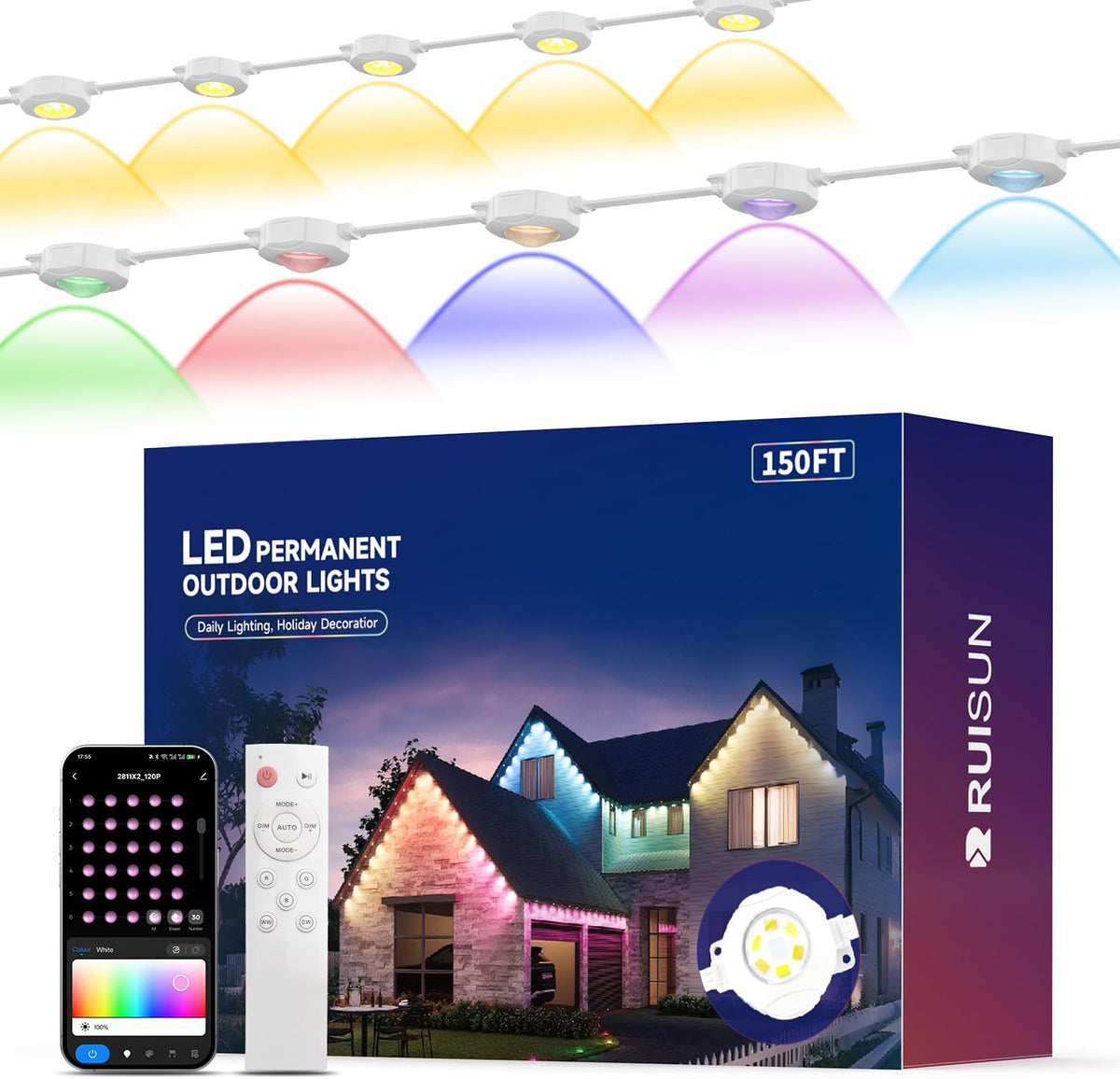 150FT LED Permanent Outdoor Lights, RGB Eaves Light with App Control Remote
