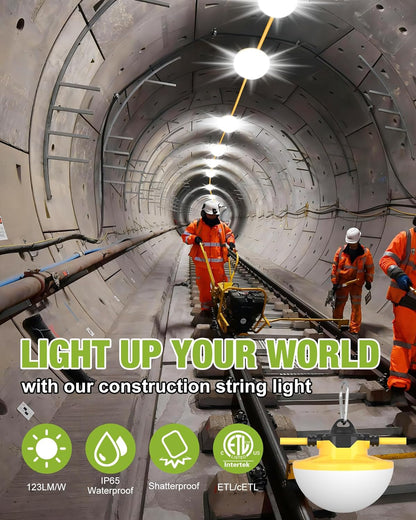 YXL 130W 16000LM Construction Lights String 100FT Industrial LED String Work Lights, IP65 Waterproof 18AWG Wire 5000K Super Bright for Construction Sites Temporary Work Jobsites Outdoor Lighting