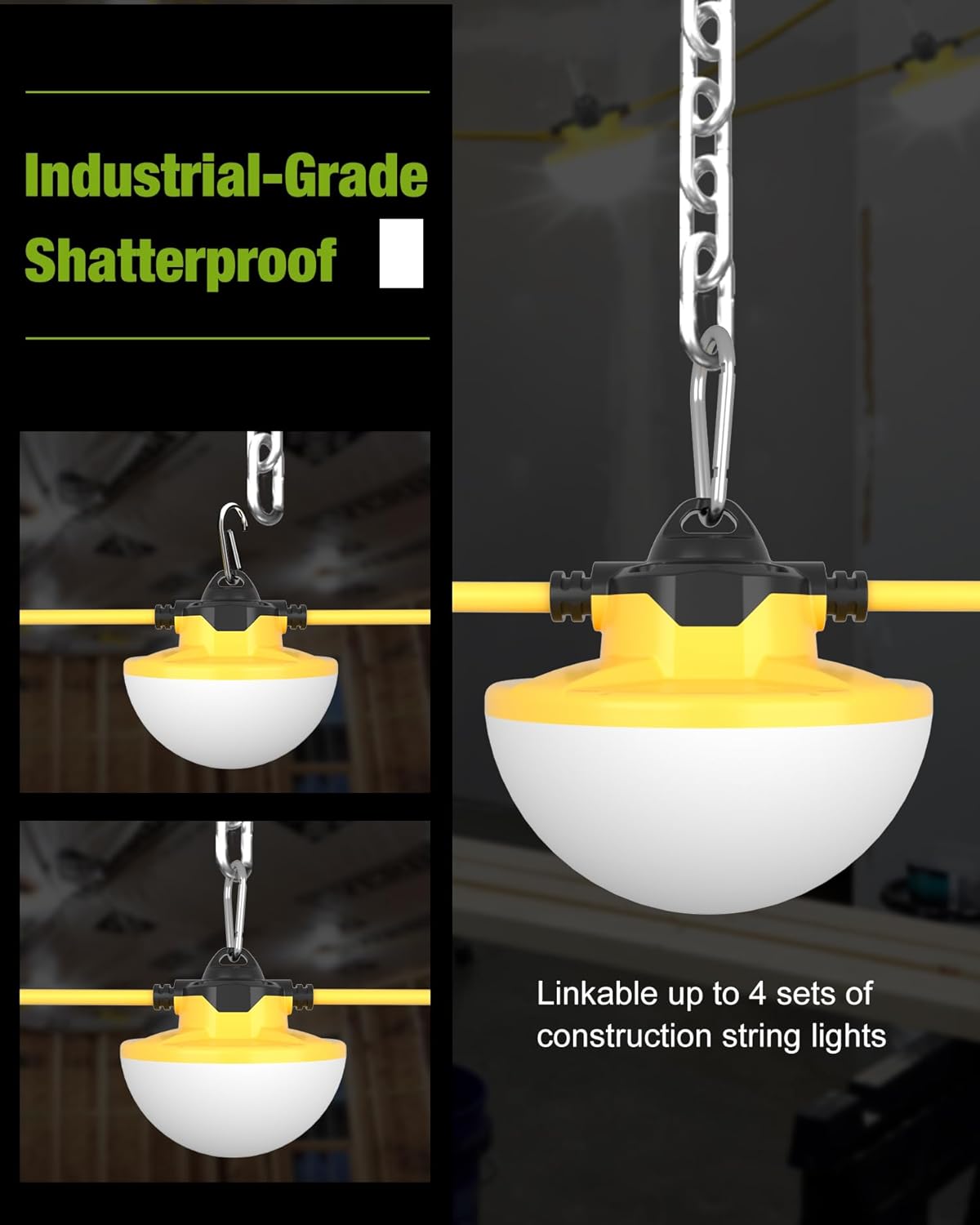 YXL 130W 16000LM Construction Lights String 100FT Industrial LED String Work Lights, IP65 Waterproof 18AWG Wire 5000K Super Bright for Construction Sites Temporary Work Jobsites Outdoor Lighting