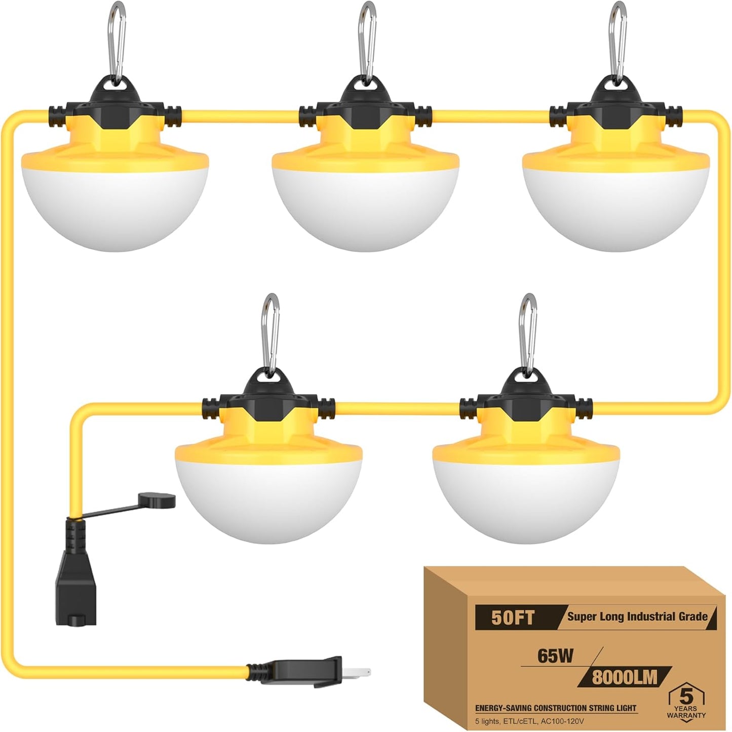 YXL 130W 16000LM Construction Lights String 100FT Industrial LED String Work Lights, IP65 Waterproof 18AWG Wire 5000K Super Bright for Construction Sites Temporary Work Jobsites Outdoor Lighting