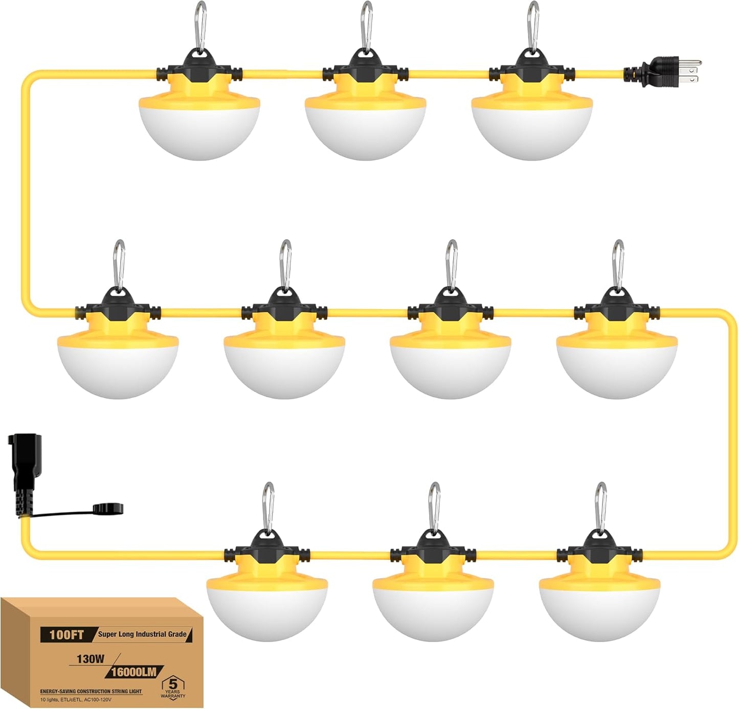 YXL 130W 16000LM Construction Lights String 100FT Industrial LED String Work Lights, IP65 Waterproof 18AWG Wire 5000K Super Bright for Construction Sites Temporary Work Jobsites Outdoor Lighting