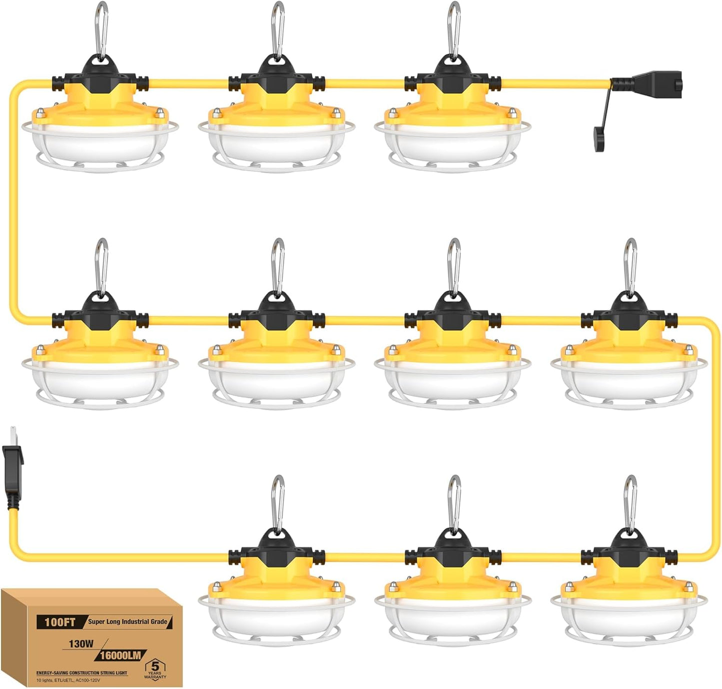 YXL 130W 16000LM Construction Lights String 100FT Industrial LED String Work Lights, IP65 Waterproof 18AWG Wire 5000K Super Bright for Construction Sites Temporary Work Jobsites Outdoor Lighting