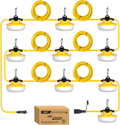 YXL 130W 16000LM Construction Lights String 100FT Industrial LED String Work Lights, IP65 Waterproof 18AWG Wire 5000K Super Bright for Construction Sites Temporary Work Jobsites Outdoor Lighting