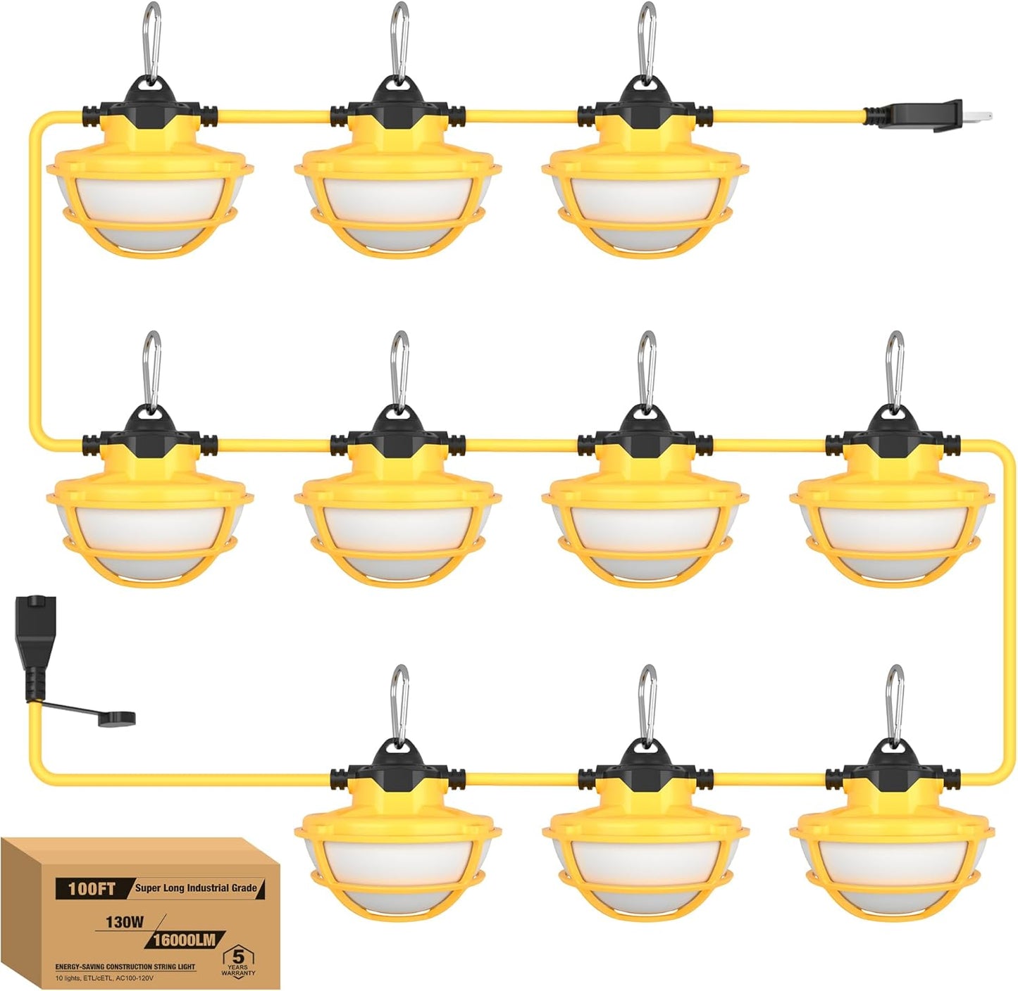 YXL 130W 16000LM Construction Lights String 100FT Industrial LED String Work Lights, IP65 Waterproof 18AWG Wire 5000K Super Bright for Construction Sites Temporary Work Jobsites Outdoor Lighting