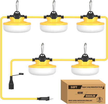 YXL 130W 16000LM Construction Lights String 100FT Industrial LED String Work Lights, IP65 Waterproof 18AWG Wire 5000K Super Bright for Construction Sites Temporary Work Jobsites Outdoor Lighting