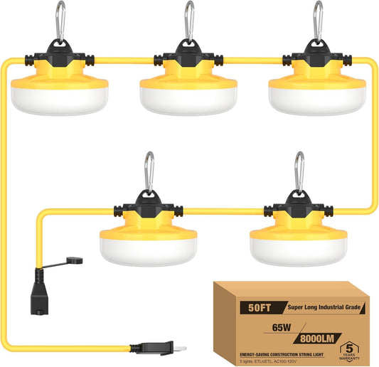 YXL 130W 16000LM Construction Lights String 100FT Industrial LED String Work Lights, IP65 Waterproof 18AWG Wire 5000K Super Bright for Construction Sites Temporary Work Jobsites Outdoor Lighting