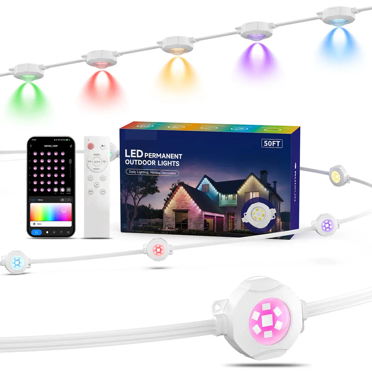 50FT LED Permanent Outdoor Lights, RGB Eaves Light with App Control Remote