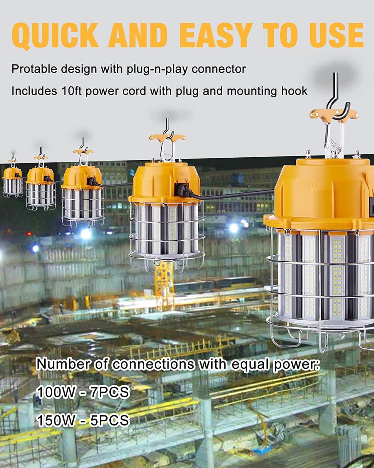 YXL Electronic Temporary Work Light, 60W 7,200LM HID/HPS 5000K, Portable Hanging Construction Light