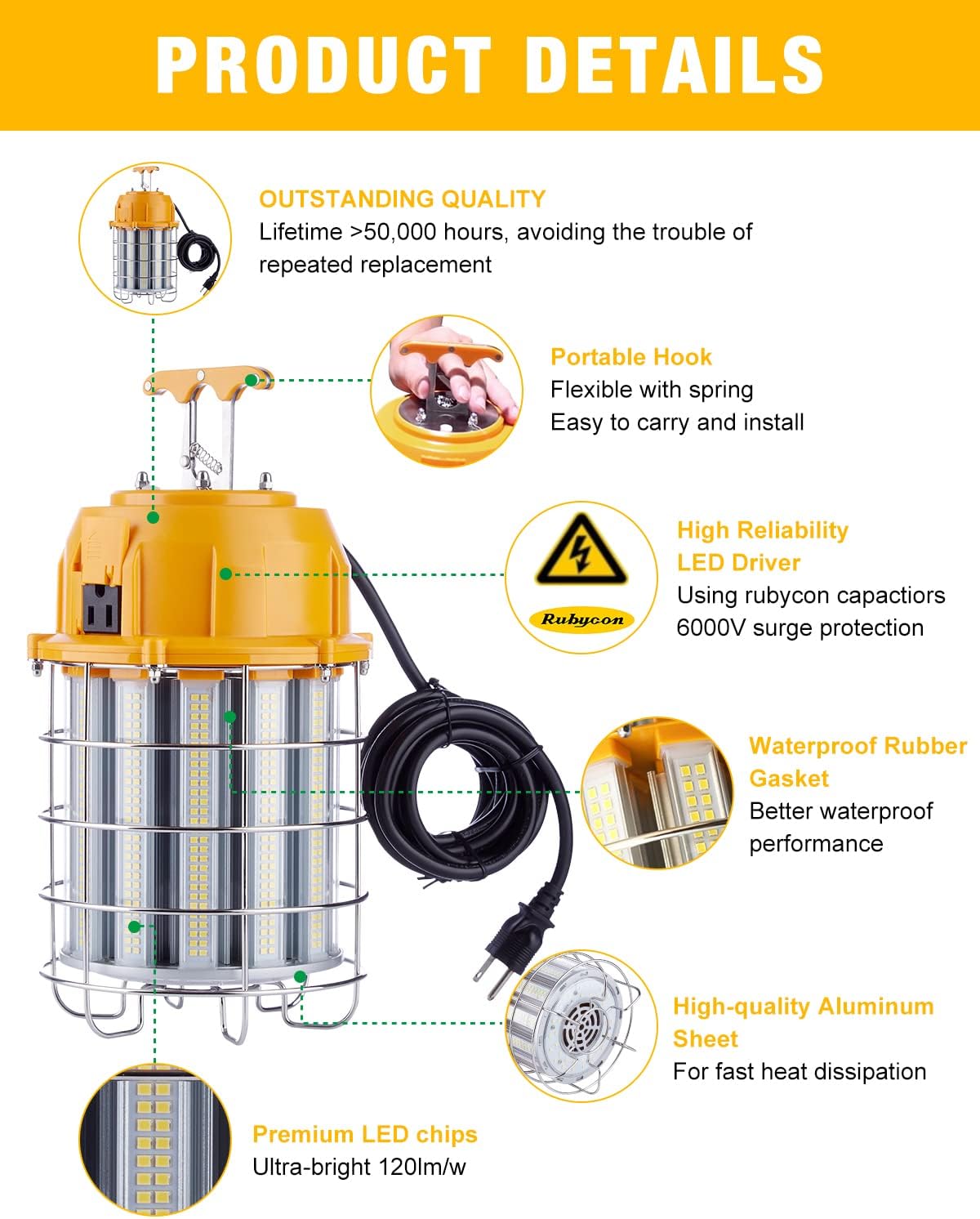 YXL Electronic Temporary Work Light, 60W 7,200LM HID/HPS 5000K, Portable Hanging Construction Light