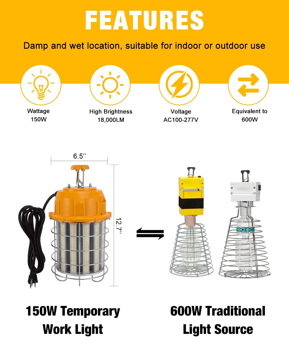 YXL Electronic Temporary Work Light, 60W 7,200LM HID/HPS 5000K, Portable Hanging Construction Light
